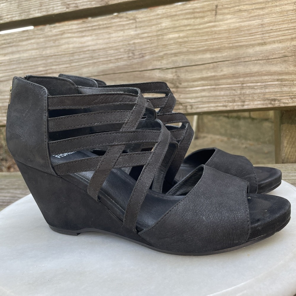 Eileen Fisher Sandals Strappy Wedge Womens Shoes‎ Black Size 8.5 Crisscross Zip
